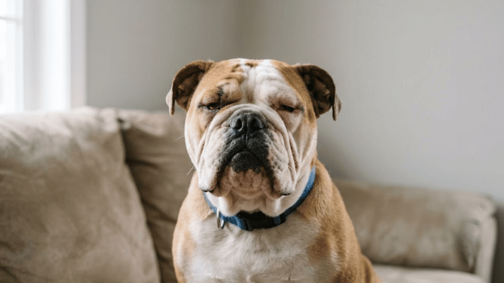 a bulldog wearing a blue collar sitting indoors with sleepy eyes in front of a light colored couch and bright window