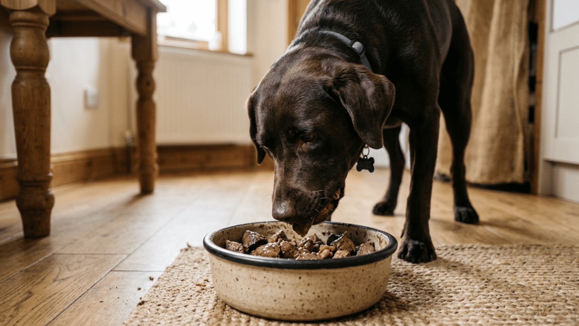 a chocolate labrador eats cooked beef liver meat from a bowl on the floor