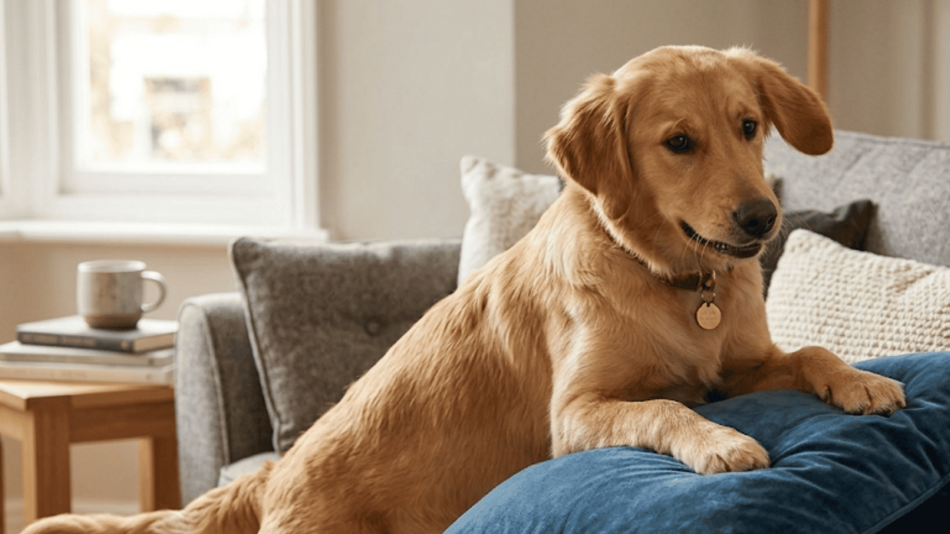 a golden retriever leans on a blue pillow on a gray sofa in a bright living room with pillows and a side table