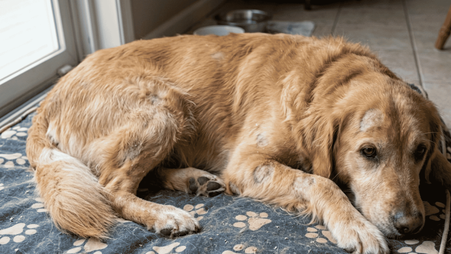 a golden retriever lying on a dog bed with multiple hairless skin lesions across the body appearing tired indoors