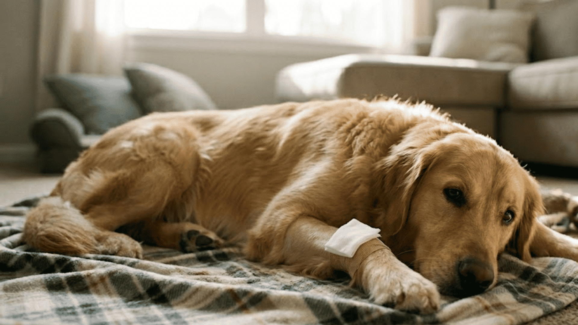 a golden retriever lying on a plaid blanket at home with a bandaged front leg after veterinary care
