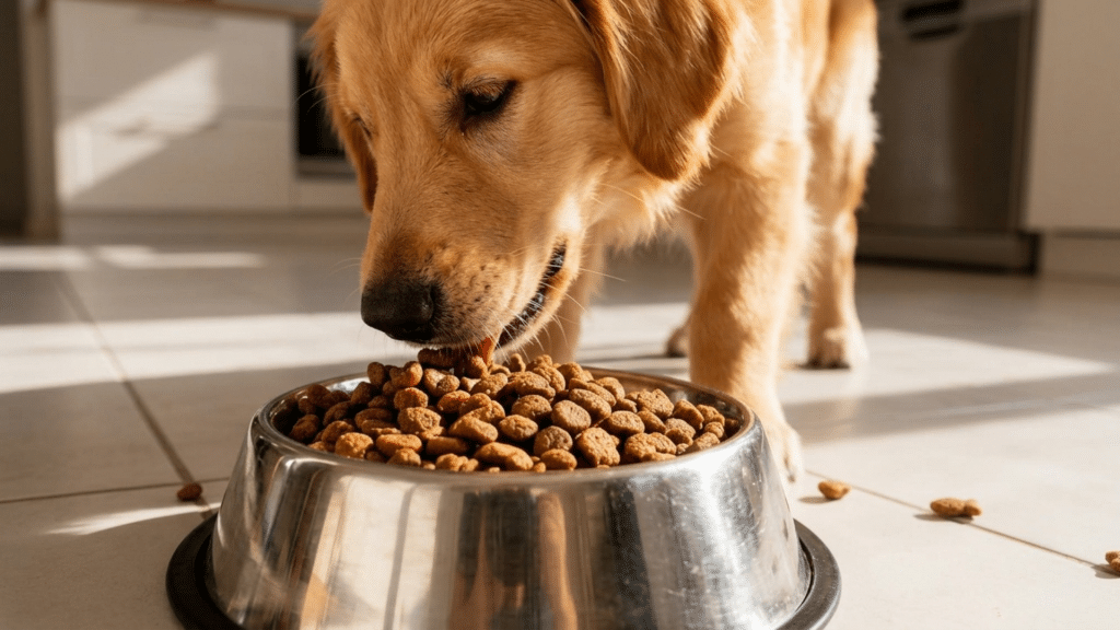a golden retriever puppy licking dry kibble food from a stainless steel bowl on a bright tiled kitchen floor