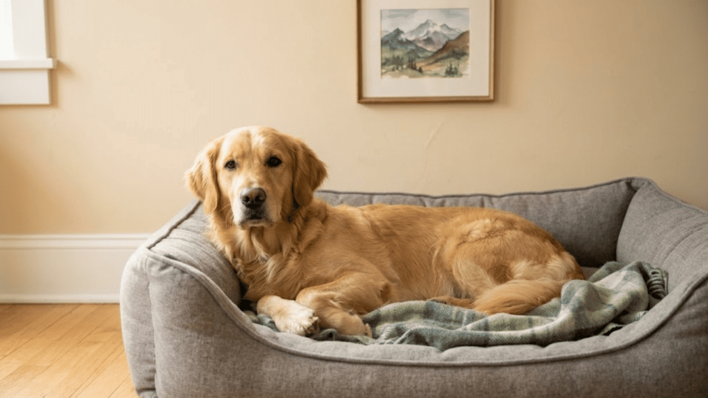 a golden retriever resting on a gray dog bed with a soft blanket in a cozy room looking calmly toward the camera