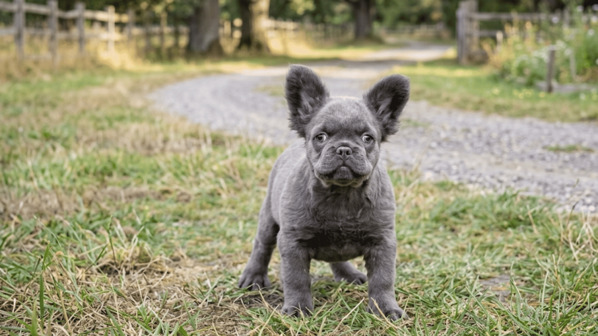 a gray fluffy french bulldog puppy standing in grass and looking forward with wide blue eyes and upright ears (2)