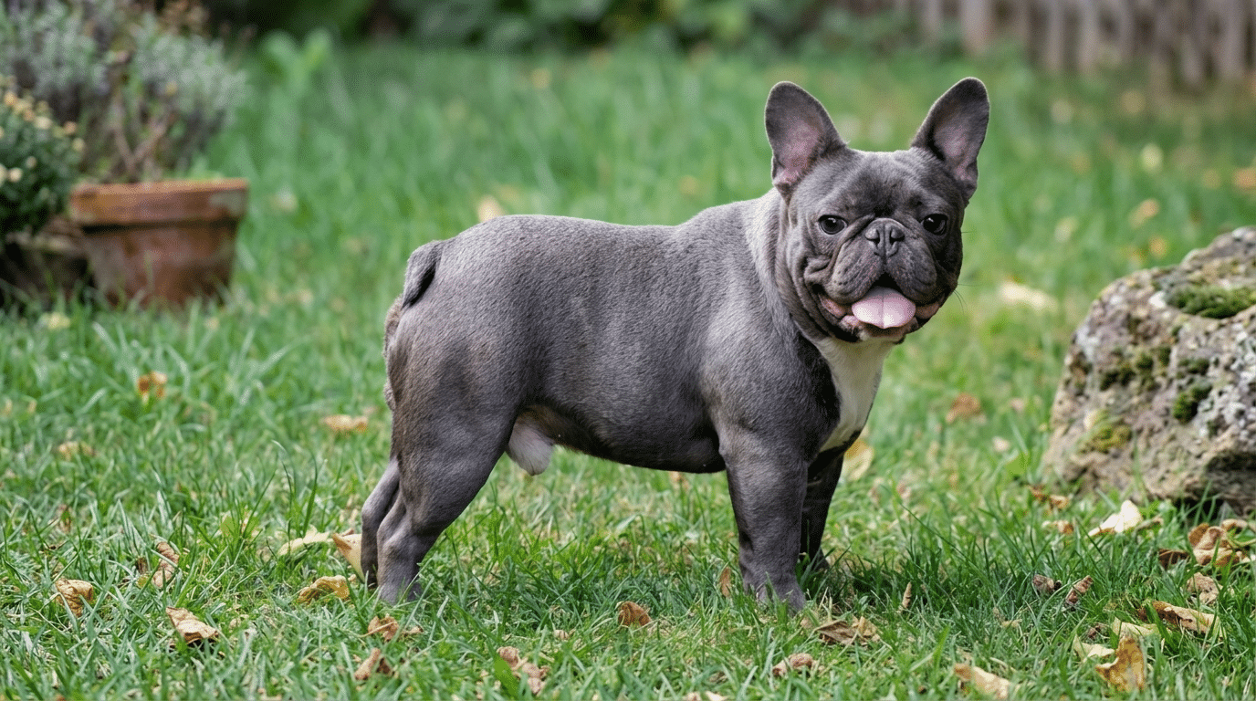 a gray french bulldog standing on green grass with its tongue out looking alert and facing the camera (2)