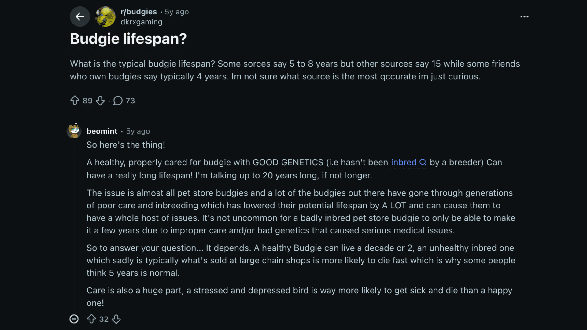 a screenshot of a reddit discussion about budgie lifespan with a question post and a detailed reply explaining lifespan factors