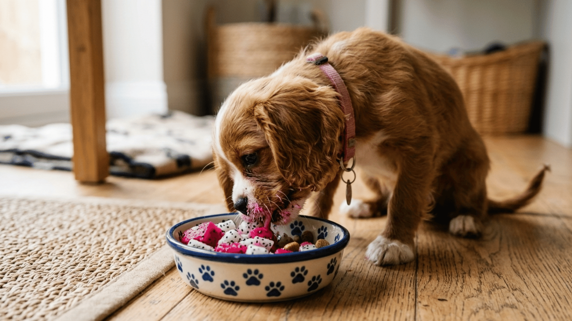 a small puppy eats chopped pink and white dragon fruit from a patterned pet bowl