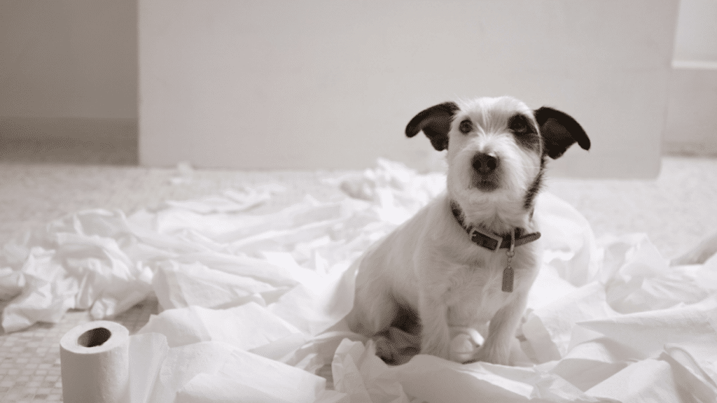 a small white terrier sits among shredded toilet paper on a tiled floor looking up with an innocent expression indoors