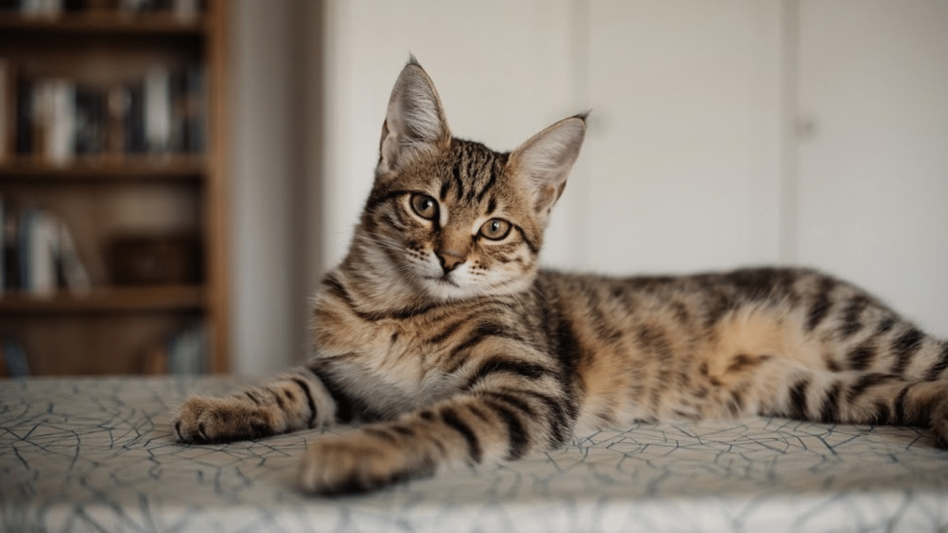 a striped tabby cat with large ears lies on a geometric patterned surface and looks at the camera with its head tilted
