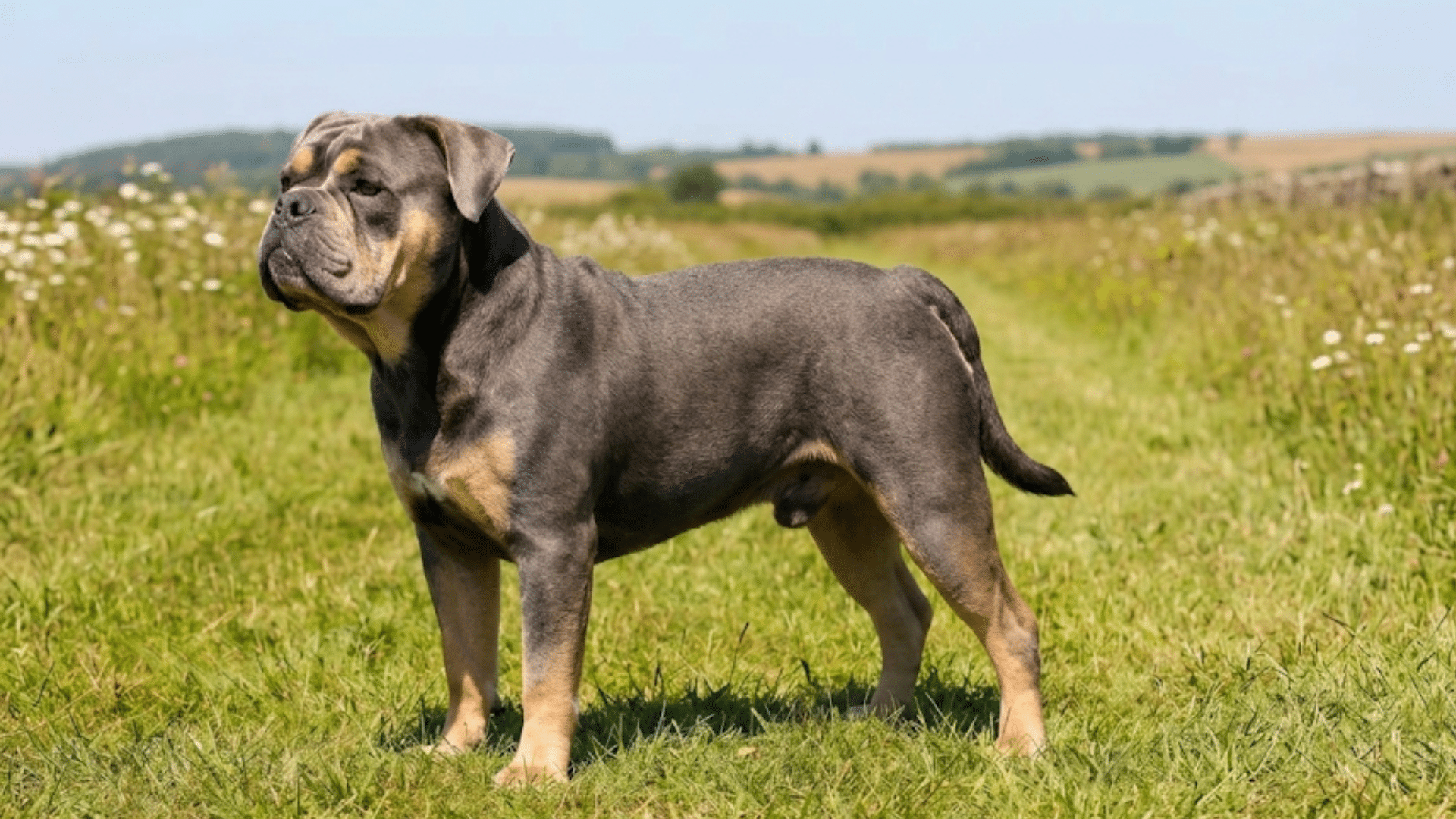 a sturdy bulldog standing alert on a grassy meadow with wildflowers under blue sky (1)