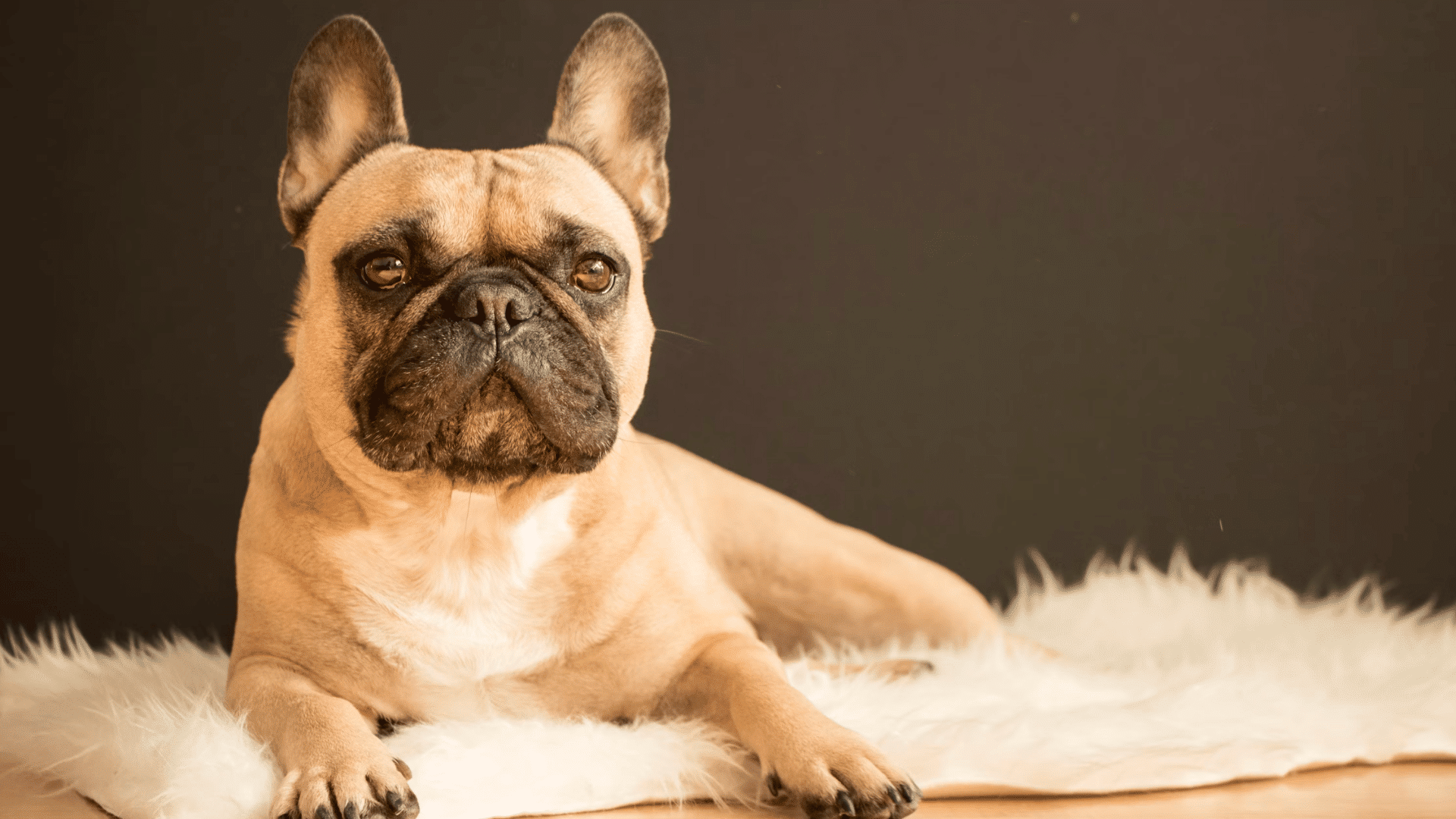 a tan french bulldog lying on a white fluffy rug against a dark background with a calm expression