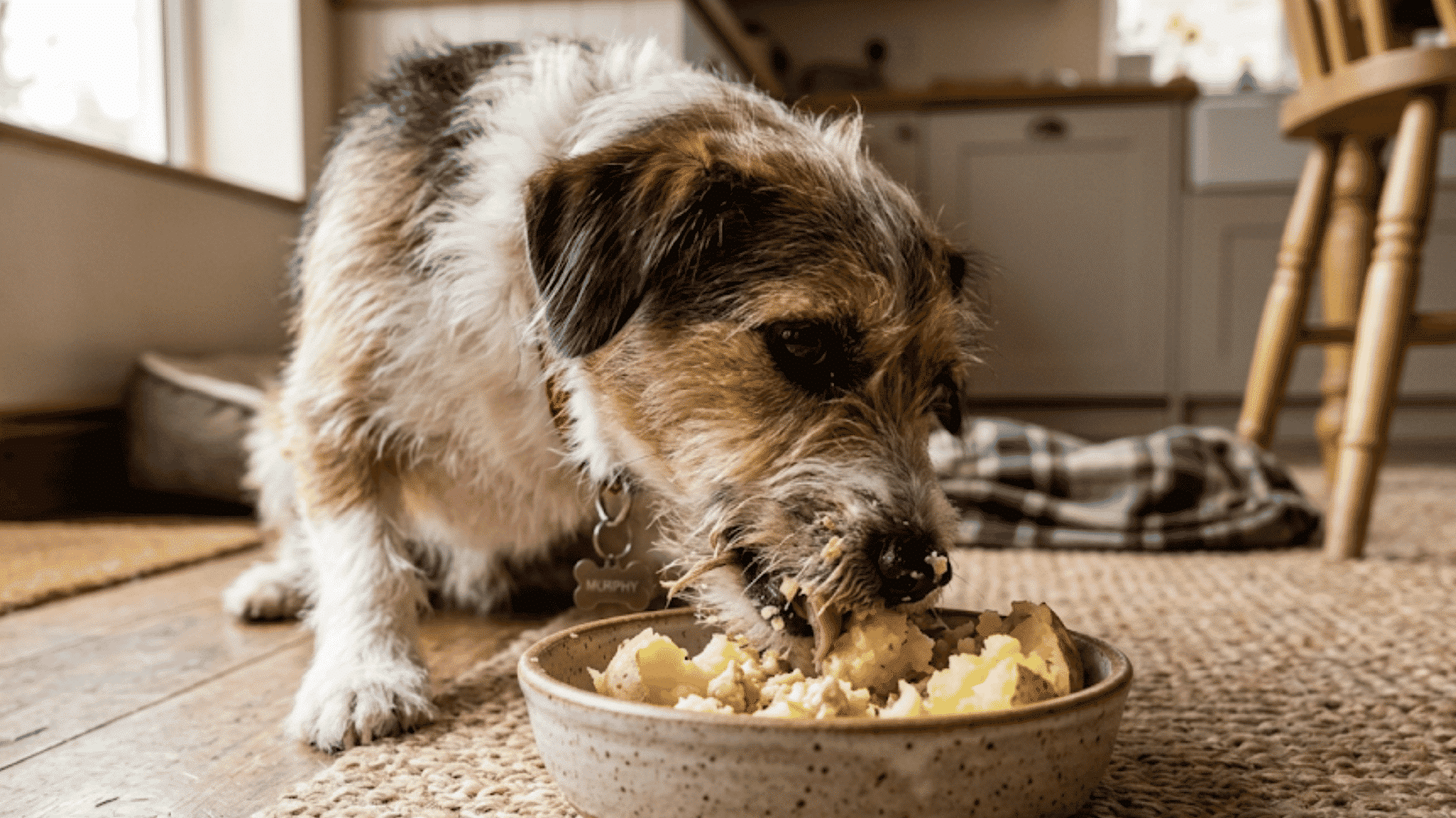 A terrier-type dog eats chunks of potato from a ceramic bowl on a woven kitchen rug