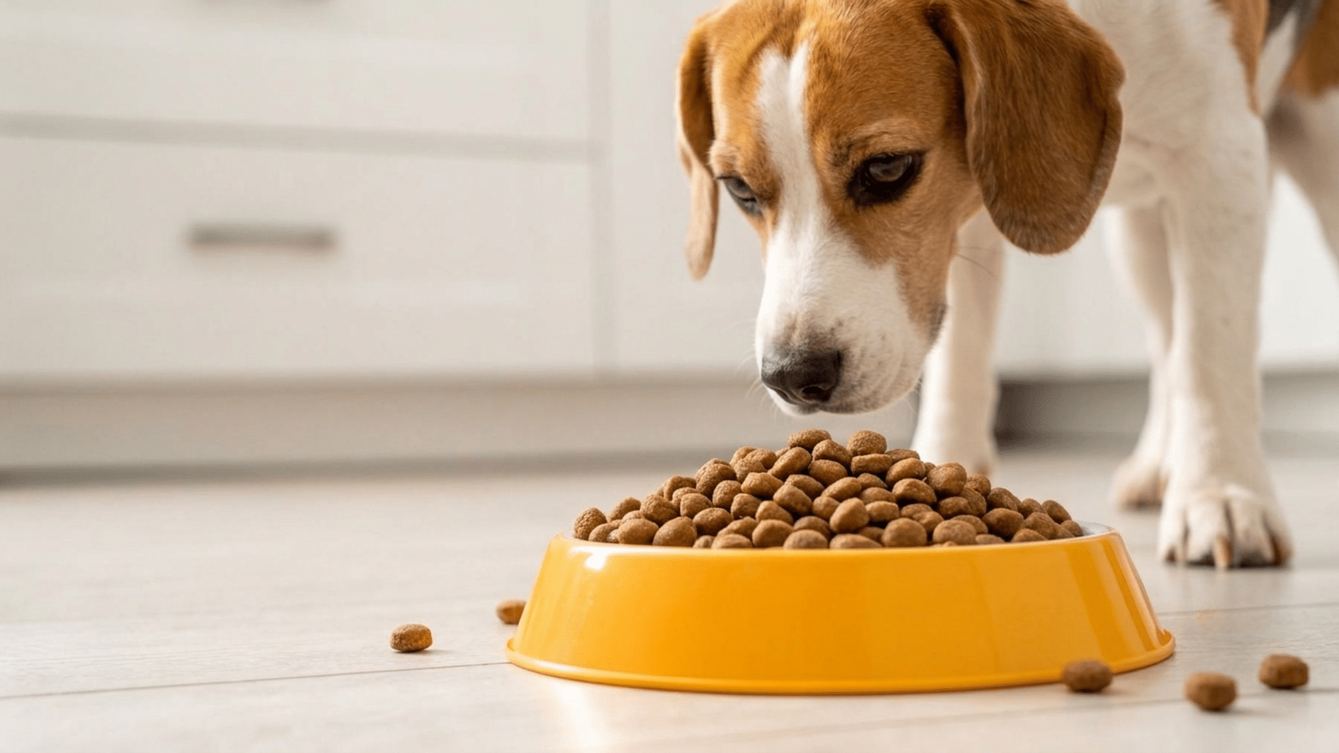 a tricolor beagle dog looking intently at a yellow bowl filled with dry kibble on a light wood kitchen floor with scattered food