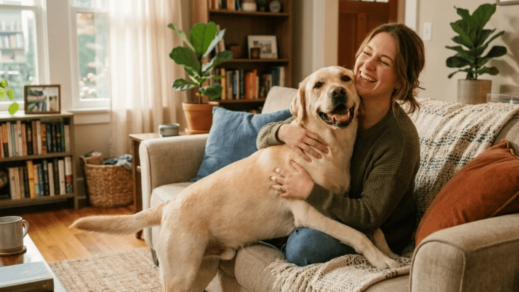 a woman hugging a happy labrador while sitting on a cozy living room sofa with bookshelves and houseplants nearby
