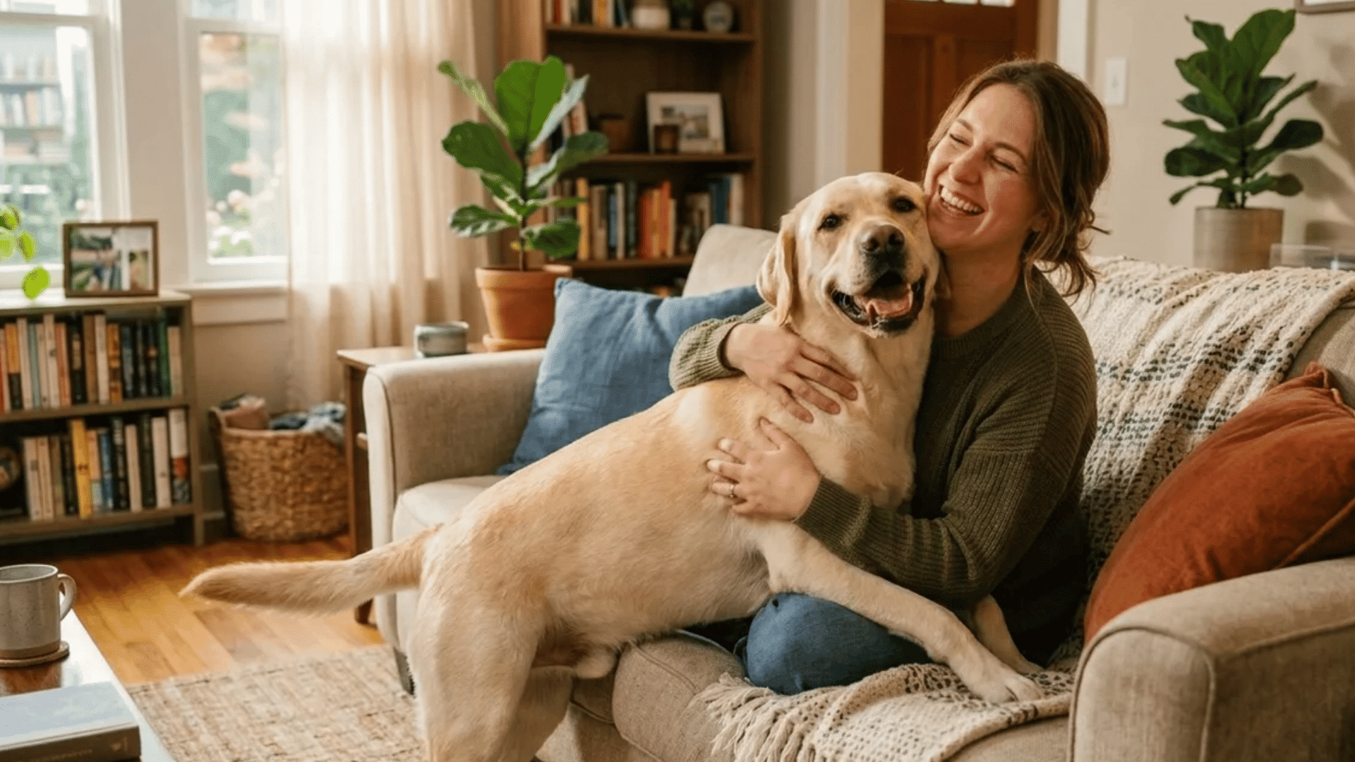 a woman hugging a happy labrador while sitting on a cozy living room sofa with bookshelves and houseplants nearby
