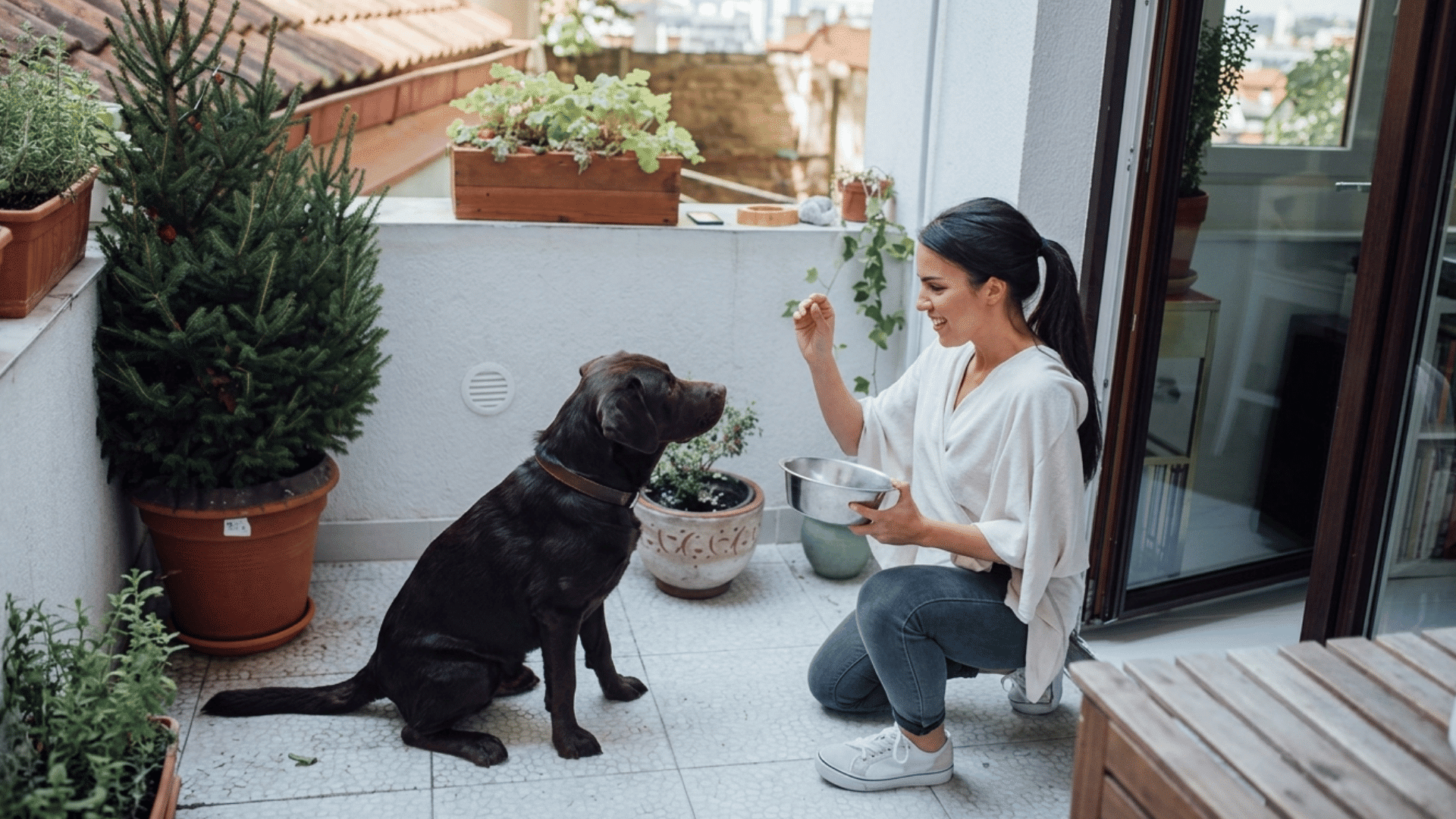 a woman on a balcony holds a food bowl and a treat for her dark brown labrador