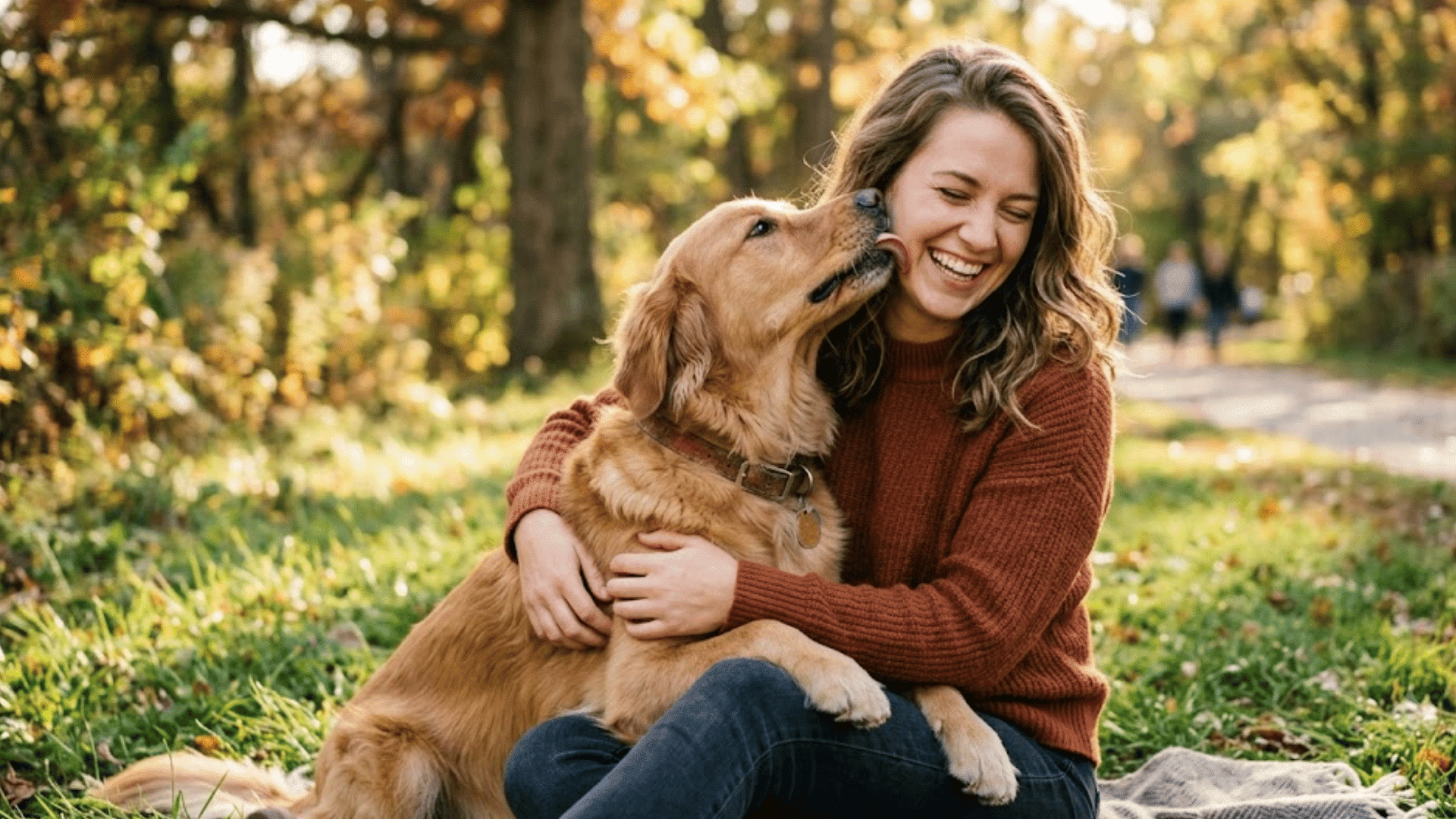 a woman sitting on a blanket hugs a golden retriever as the dog licks her face in a sunny park during autumn