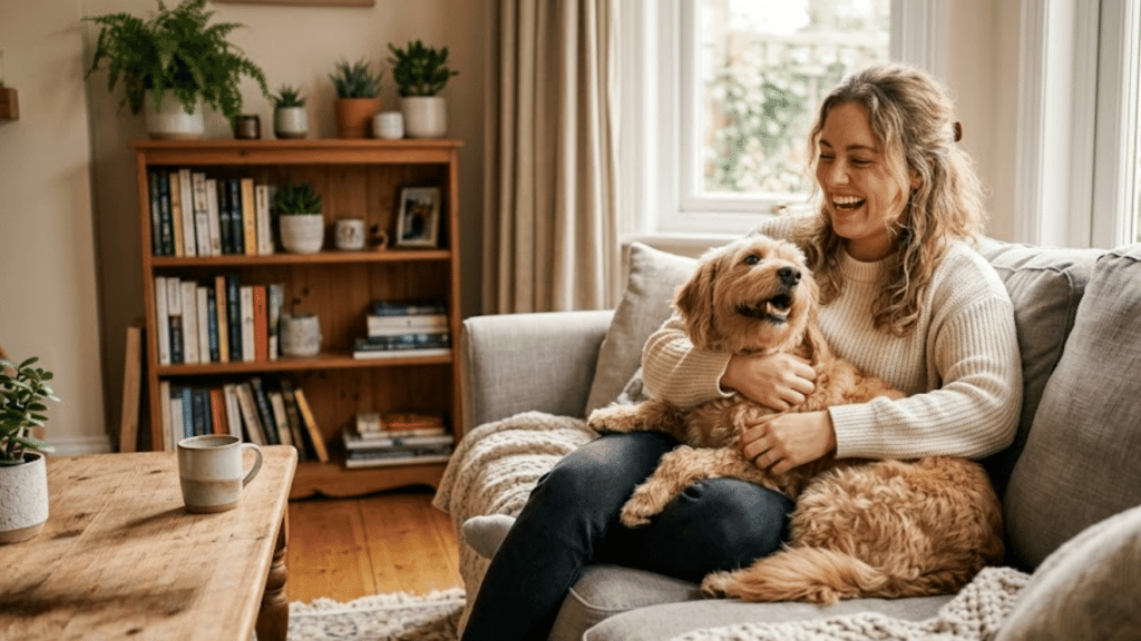 a woman sitting on a sofa hugging a happy fluffy dog in a cozy living room with books plants and warm natural light