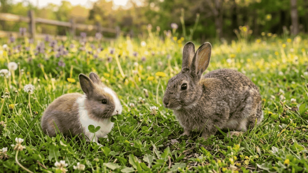 adult rabbit and baby rabbit sitting together in a grassy meadow with wildflowers during warm evening sunlight