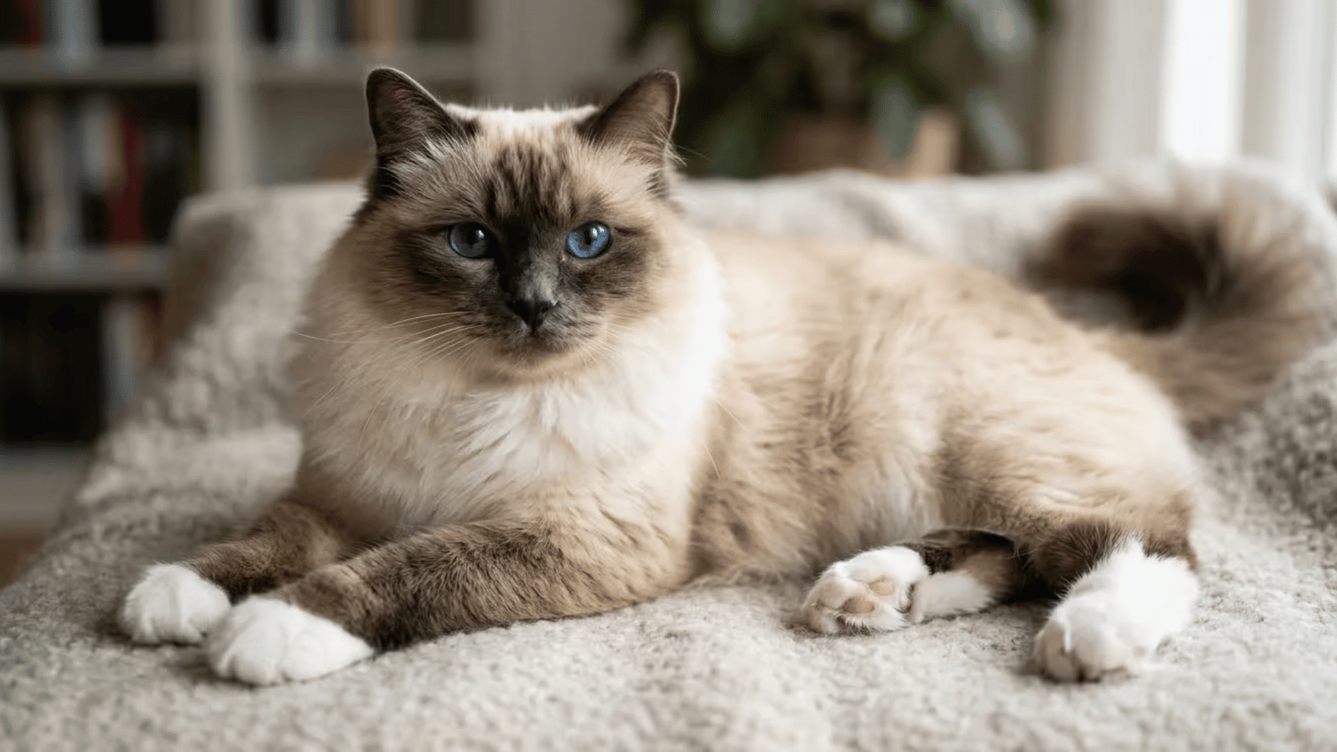 Birman cat with striking blue eyes resting comfortably on a cozy indoor blanket with white paws