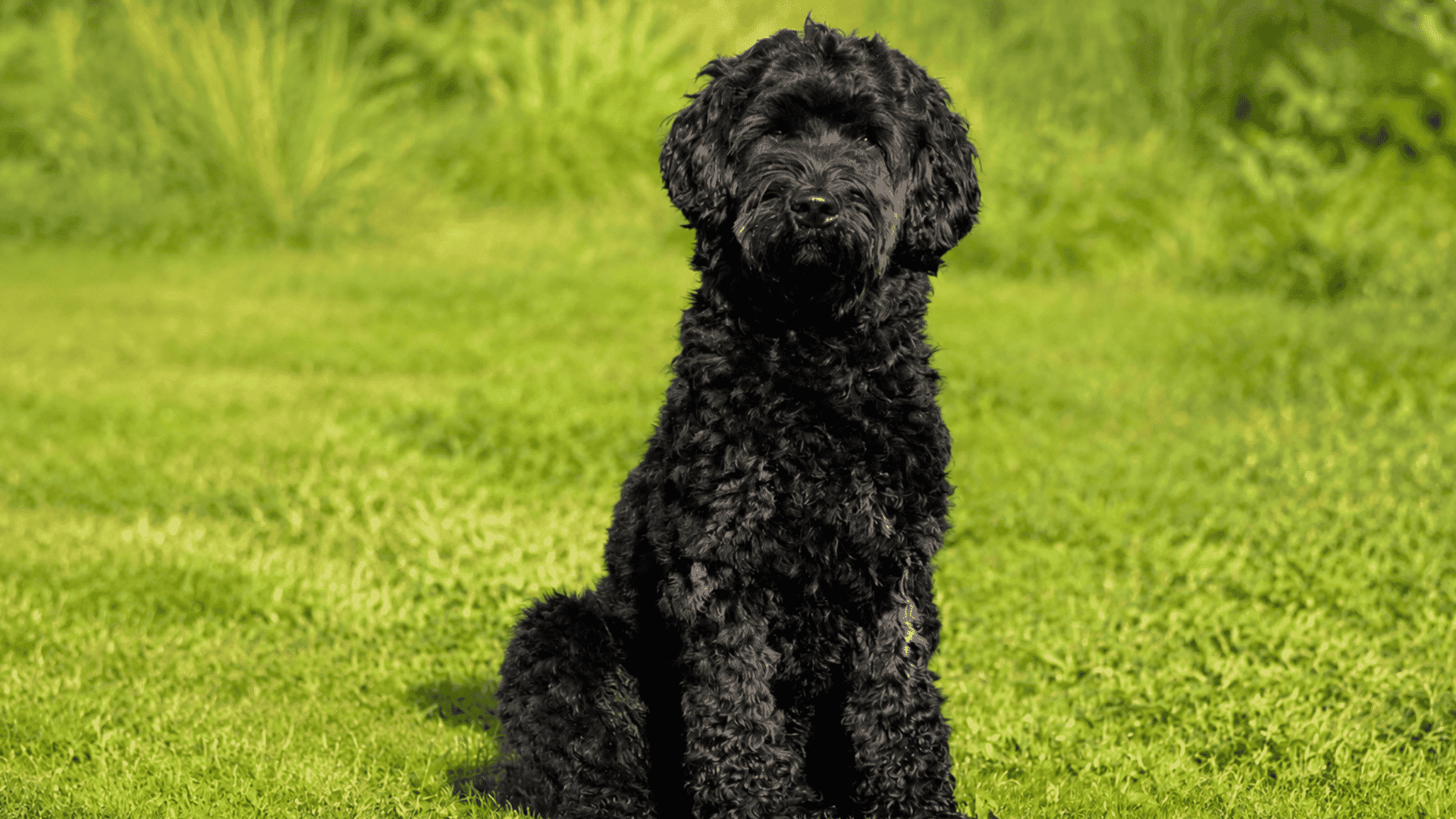 black curly-coated dog sitting on green grass in a sunny field with a soft blurred natural background.
