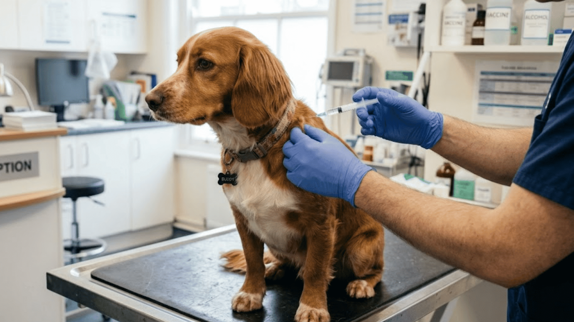 brown and white dog sitting on an exam table while a veterinarian gives an injection in a clean veterinary clinic