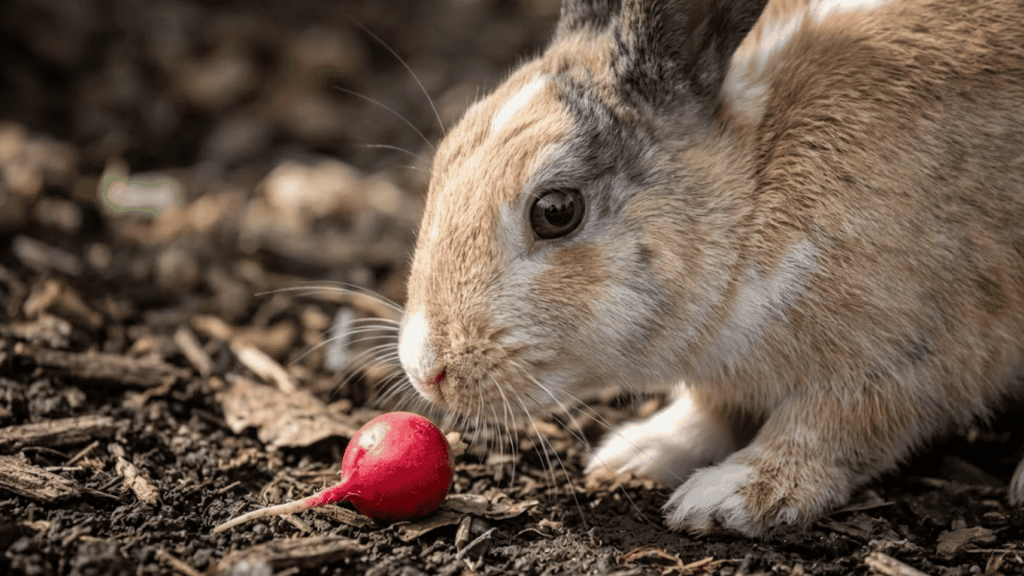 brown rabbit sniffing a red radish resting on soil in a garden with focused eyes and natural outdoor surroundings