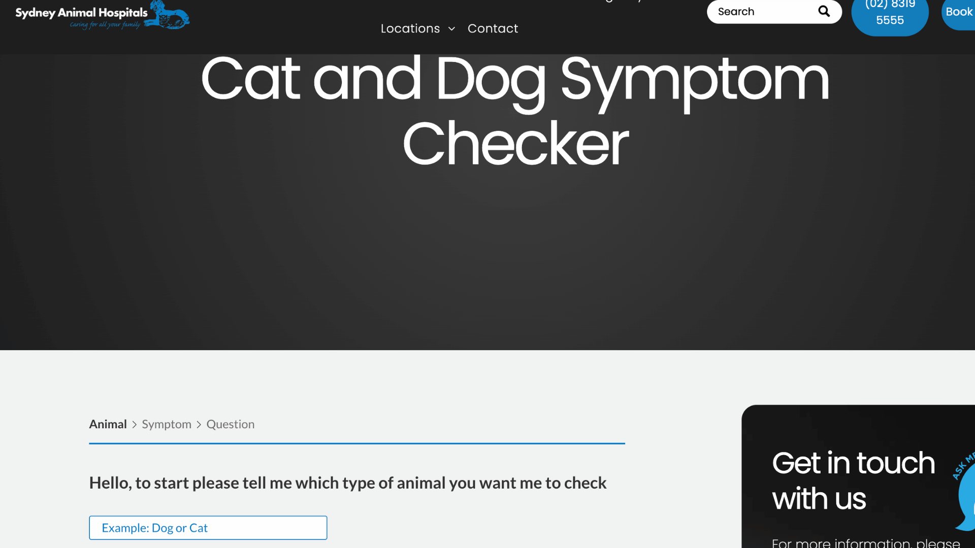 cat and dog symptom checker page with search field and animal input box to begin checking pet symptoms online