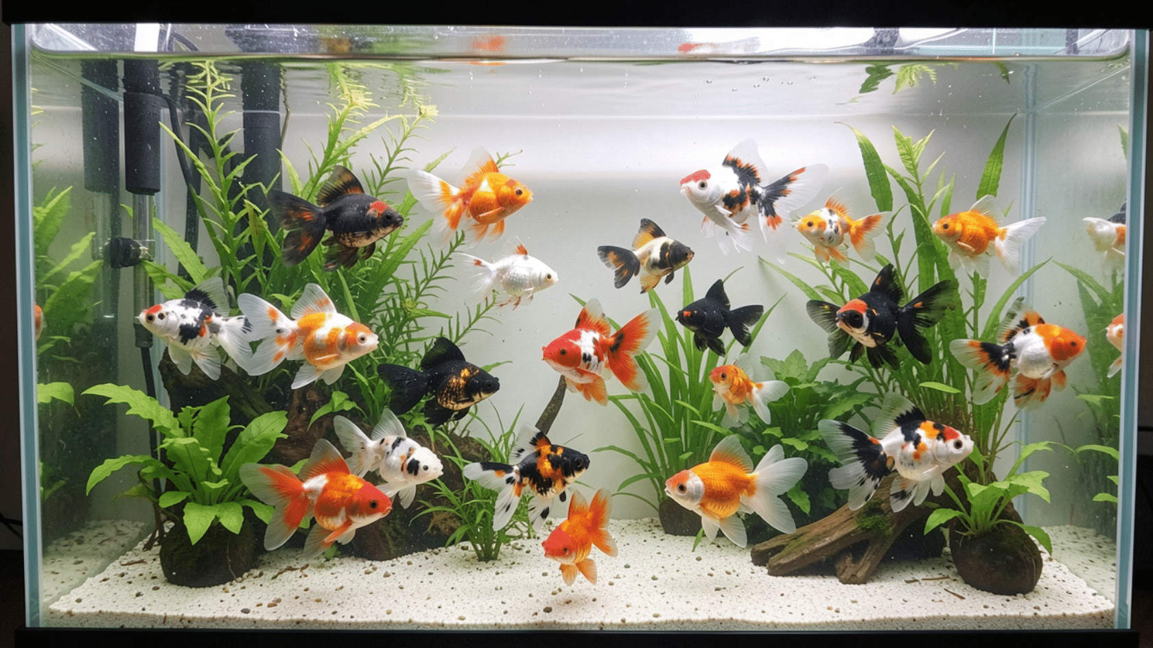 colorful goldfish swimming in a planted aquarium with white sand substrate and green aquatic plants (1)