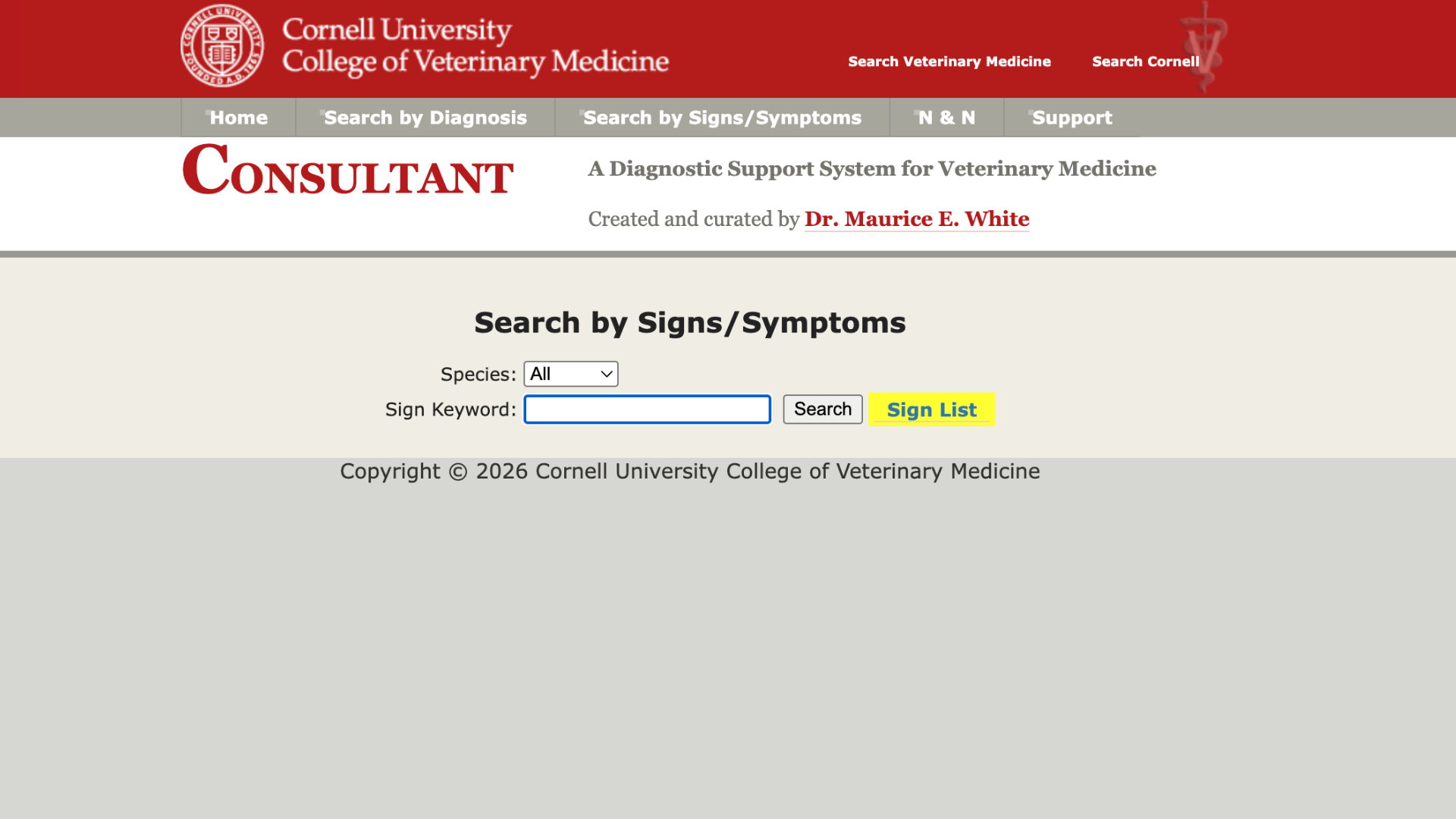 cornell veterinary symptom search page with species selector sign keyword search box and sign list option for pet diagnosis