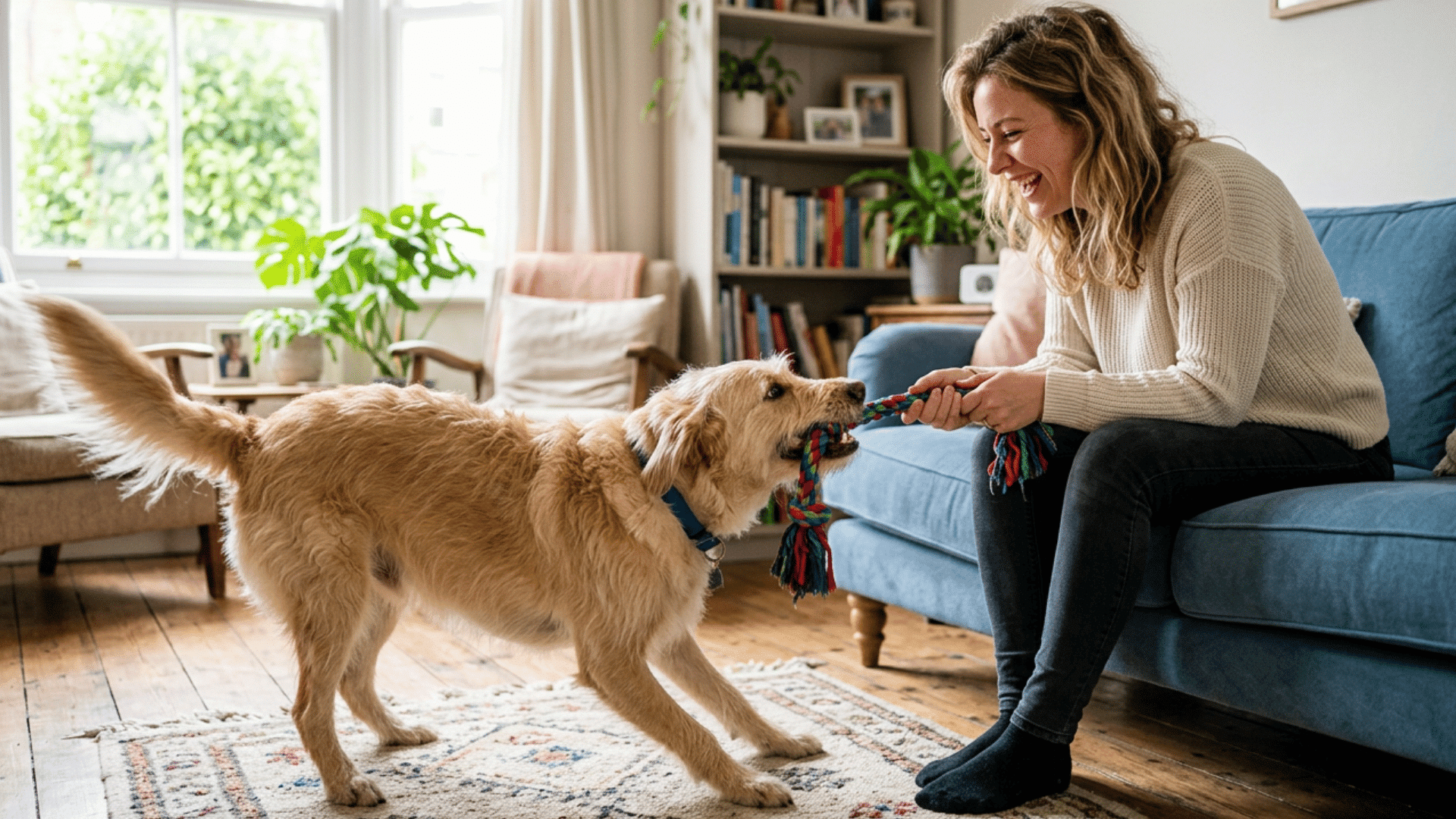Dog and owner playing tug of war safely with a rope toy indoors