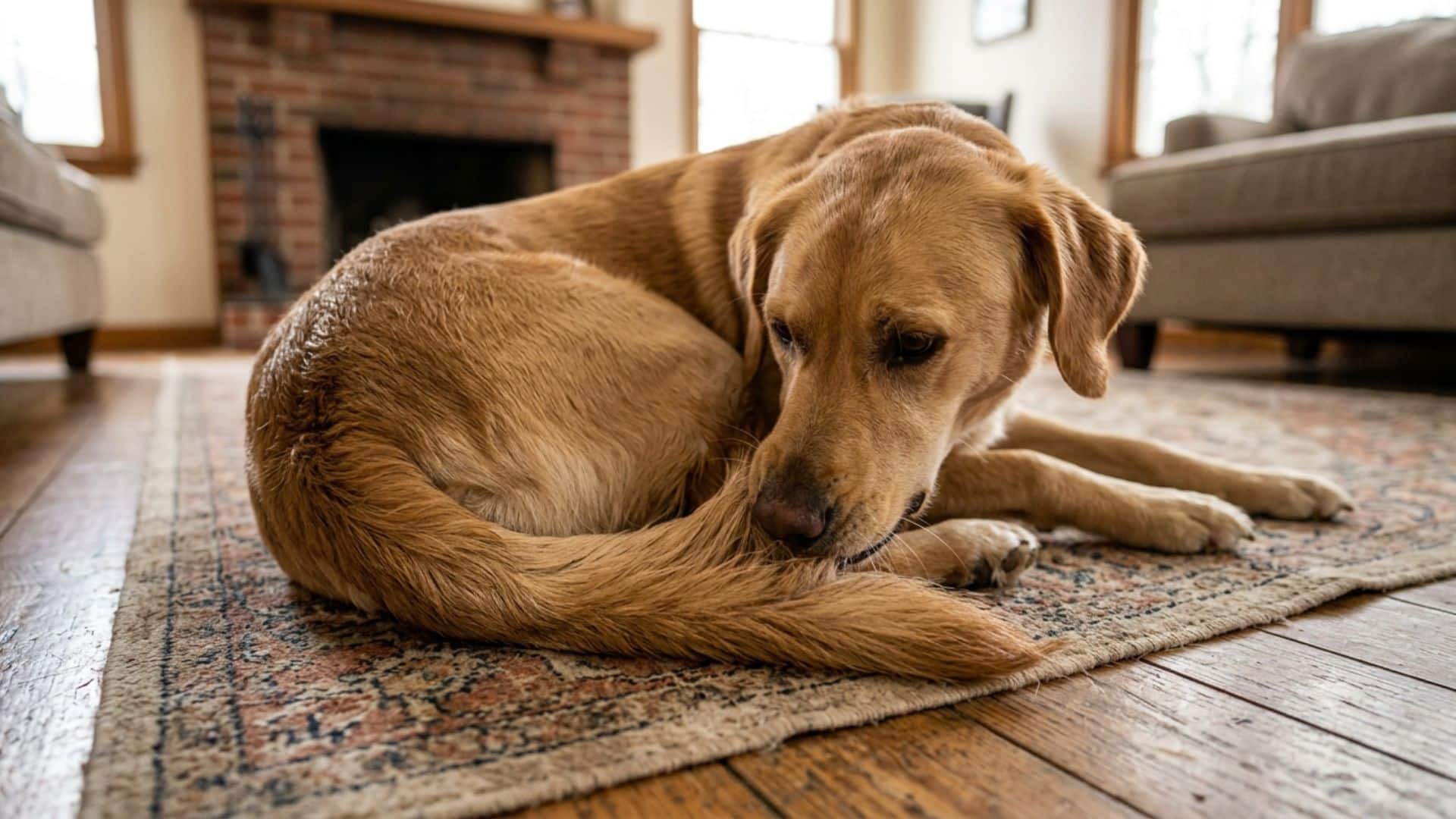 dog chewing its tail while lying on a rug indoors showing discomfort