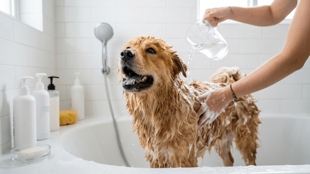 dog sitting calmly during bath time with owner following a healthy grooming schedule for pet care routine