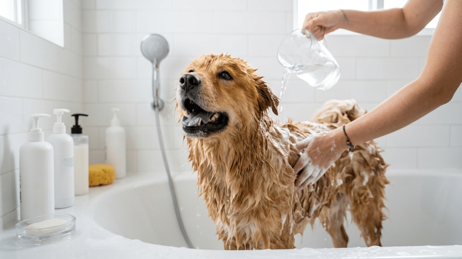 dog sitting calmly during bath time with owner following a healthy grooming schedule for pet care routine