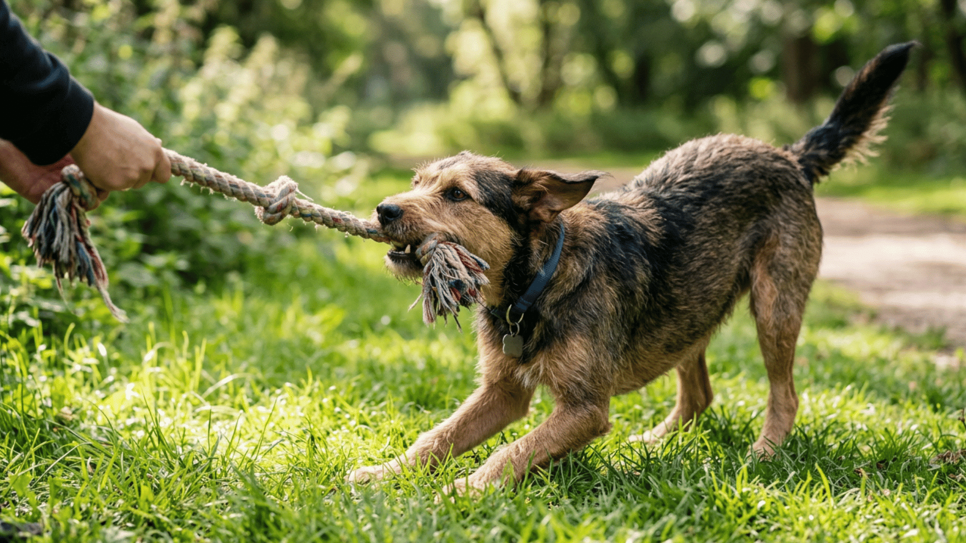 Dog showing relaxedplayful body language during tug of war