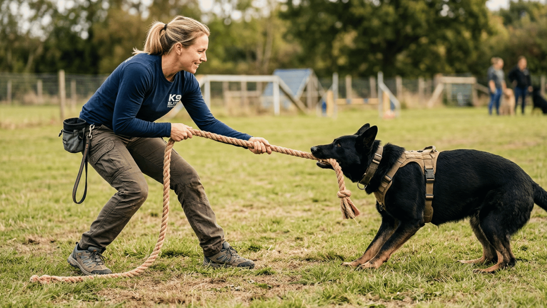 Dog trainer playing tug-of-war with a German Shepherd during an outdoor training session.