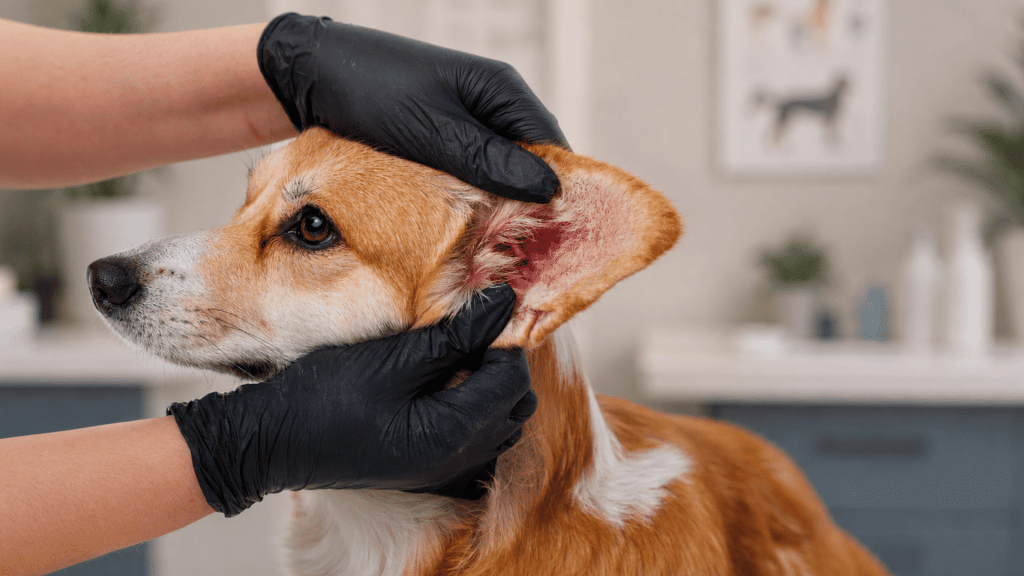 gloved hands gently lifting a dogs ear to examine redness and irritation during an ear health check in a veterinary clinic