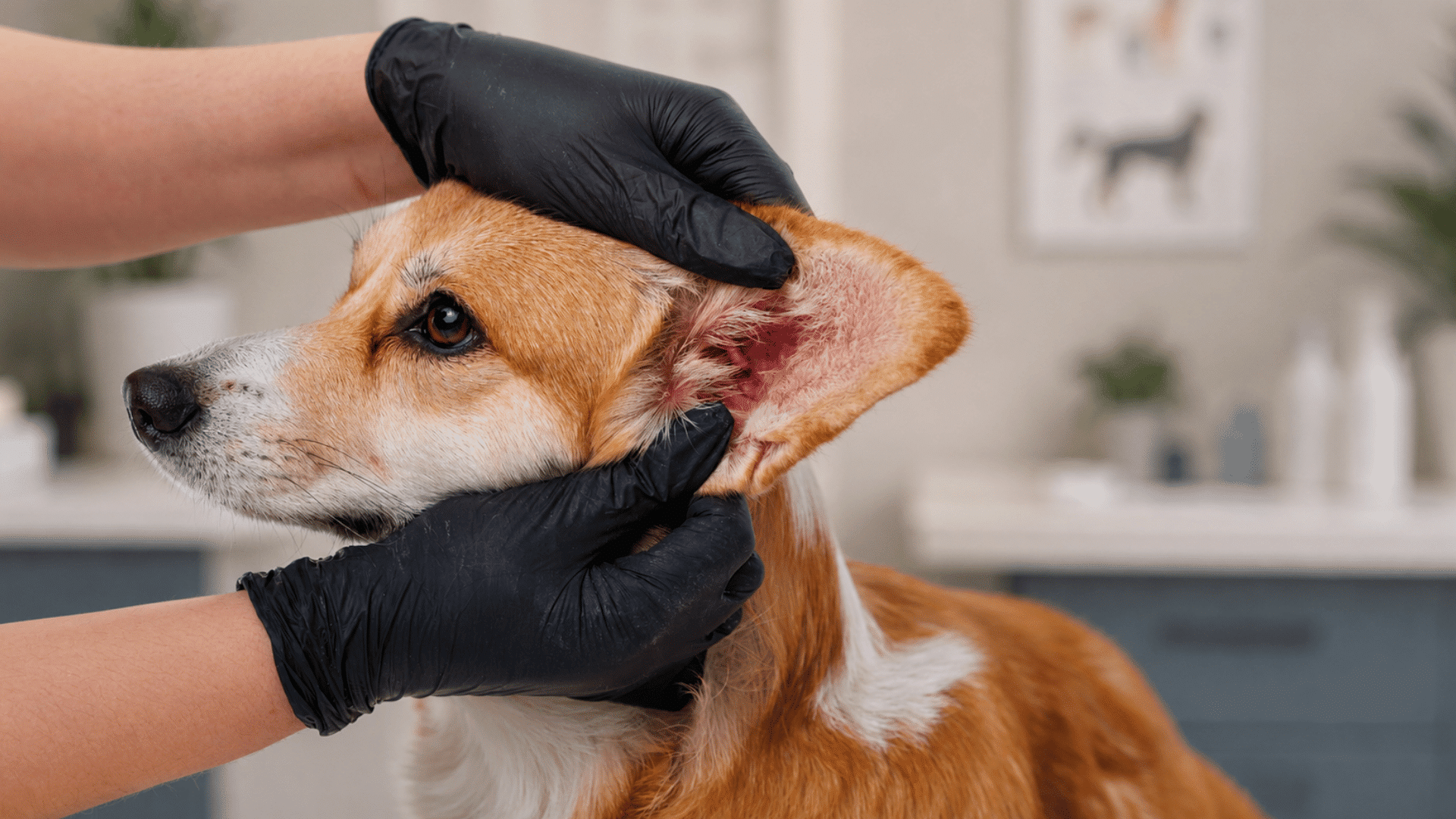 gloved hands gently lifting a dogs ear to examine redness and irritation during an ear health check in a veterinary clinic