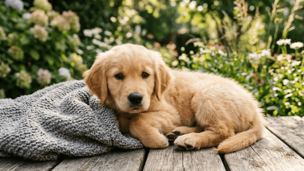 golden retriever puppy resting on a gray knitted blanket on a wooden deck surrounded by blooming garden flowers