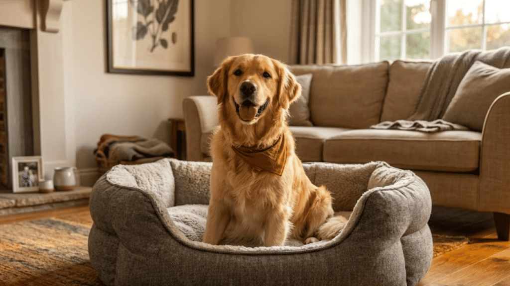 golden retriever sitting happily in a soft pet bed wearing a brown bandana inside a bright cozy living room