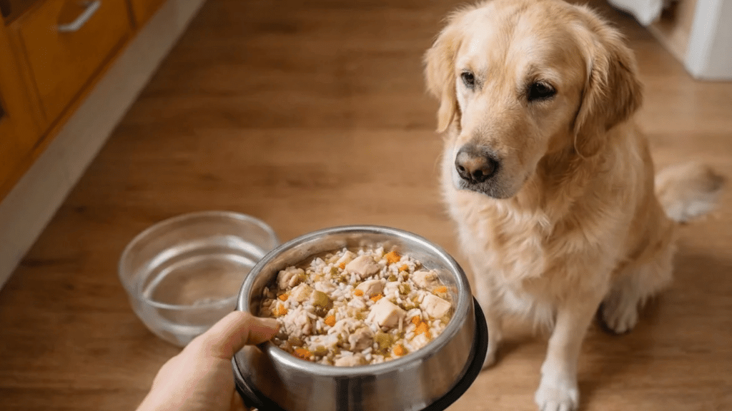 golden retriever sitting on a wooden floor waiting for a bowl of homemade dog food held by a person