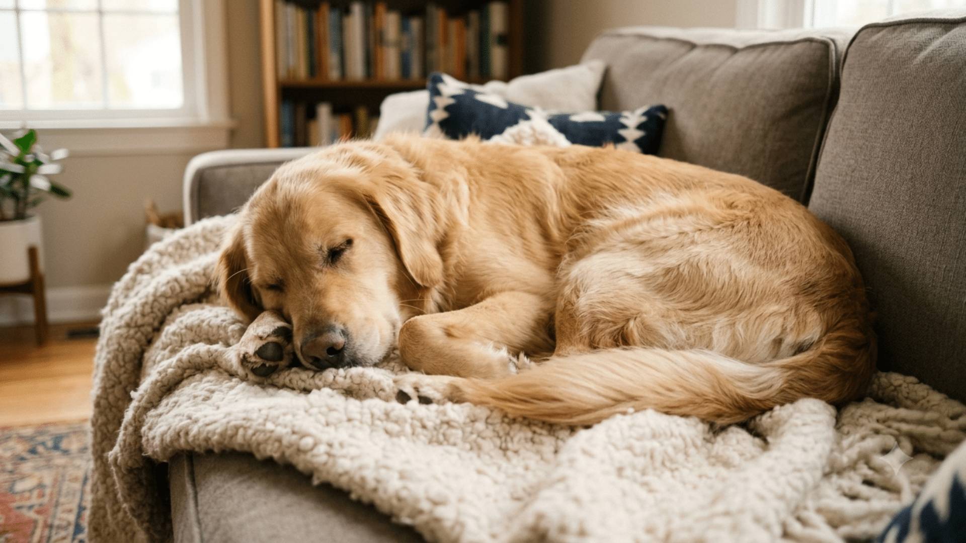 golden retriever sleeping peacefully on a soft blanket across a cozy sofa in a warm and comfortable living room
