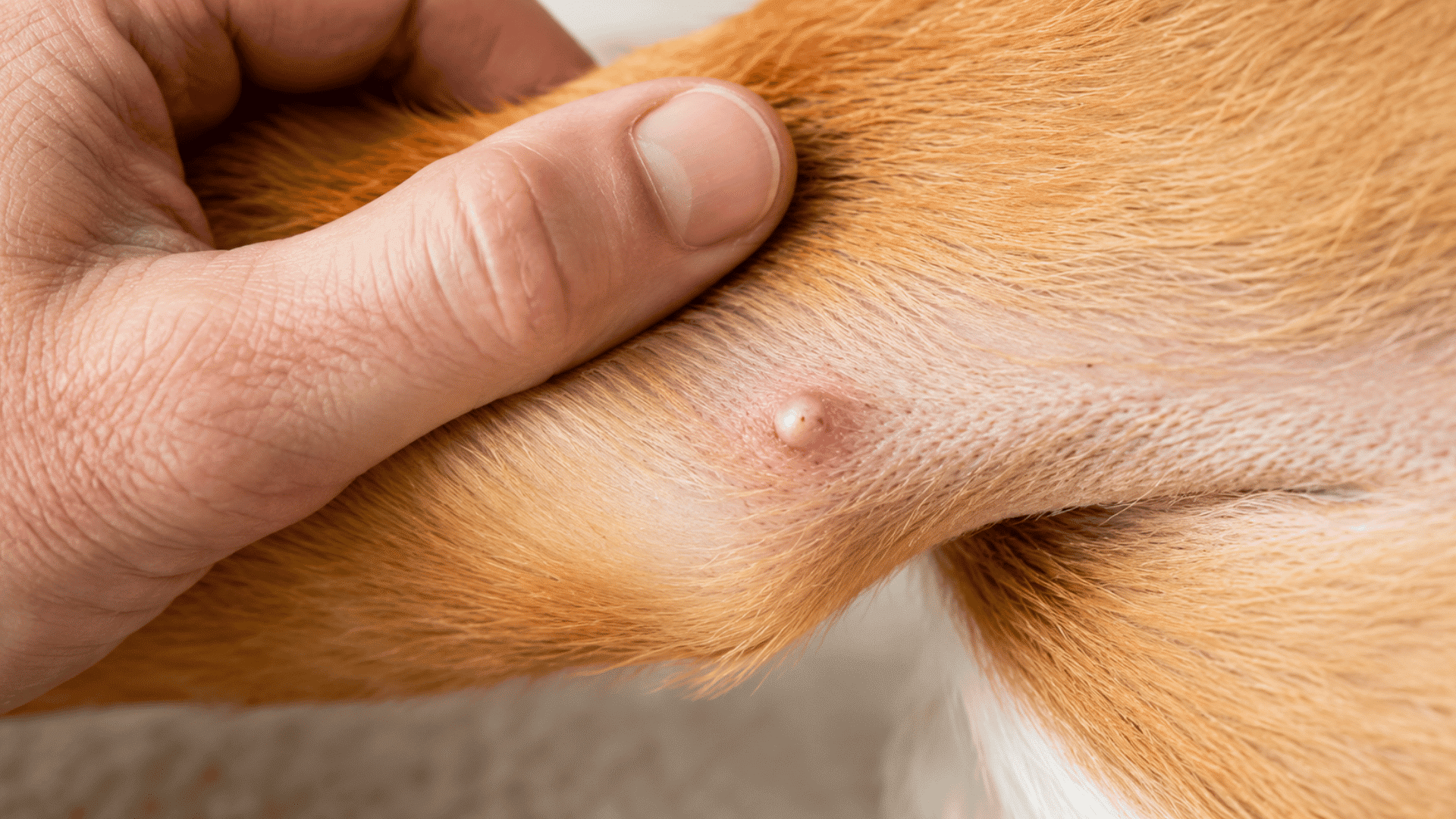 hand parting a dogs fur to reveal a small raised skin bump with a white center on the inner leg during a close inspection