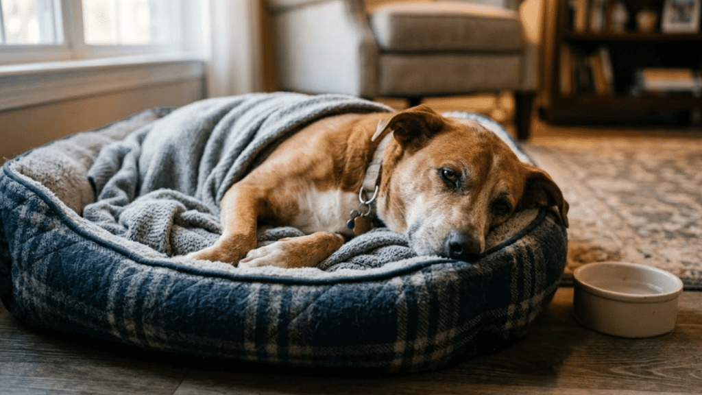 older brown dog resting in a cushioned pet bed covered with a gray blanket beside a water bowl in a cozy living room