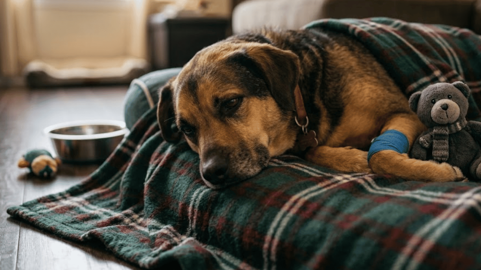 older brown dog resting on a plaid blanket with a blue bandage on its front leg beside a teddy bear in a cozy living room