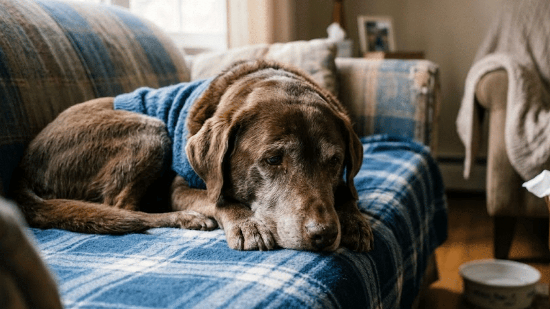 older brown dog wearing blue sweater lying on a couch looking tired in a cozy living room