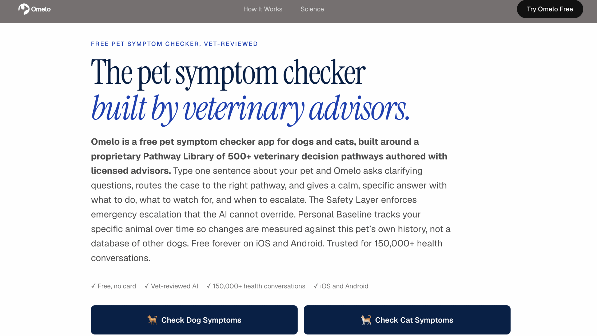 omelo pet symptom checker page with buttons to check dog symptoms or cat symptoms using a vet reviewed health tool (1)