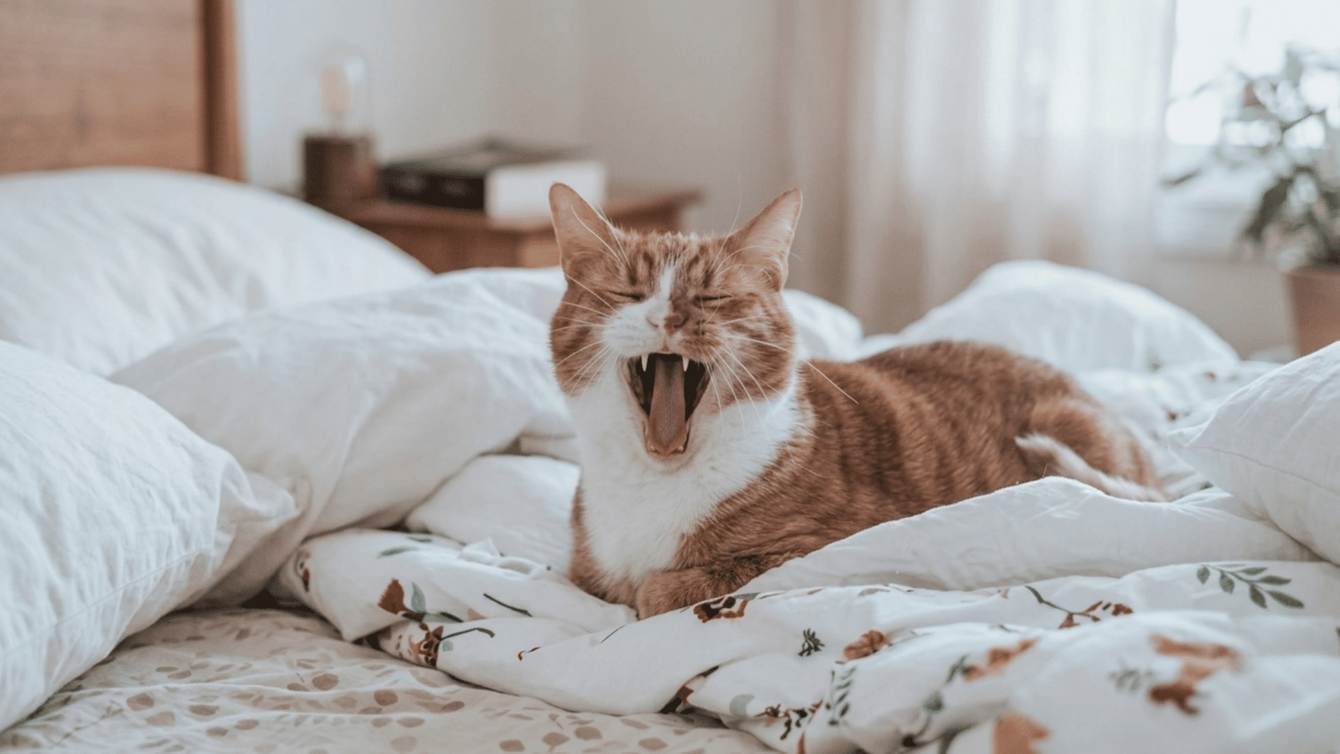 orange and white cat yawning while resting on a cozy bed with white bedding