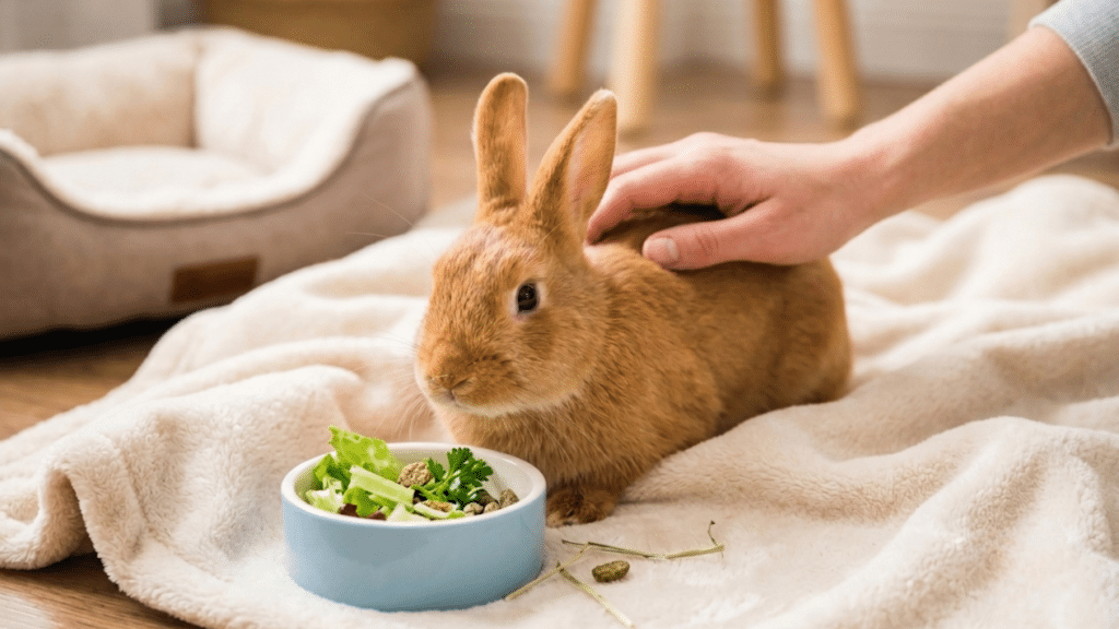 person petting a brown rabbit resting on a soft blanket beside a bowl of fresh greens and rabbit pellets