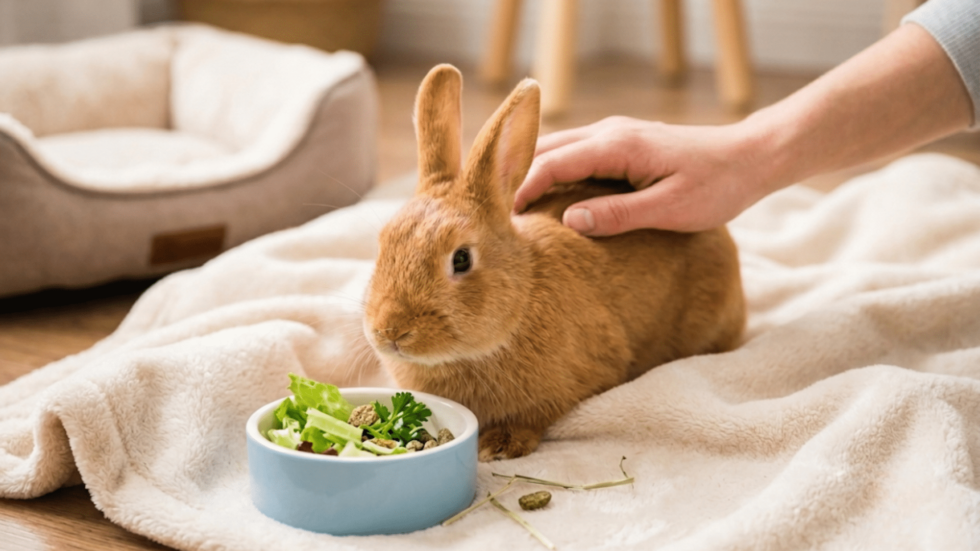 person petting a brown rabbit resting on a soft blanket beside a bowl of fresh greens and rabbit pellets